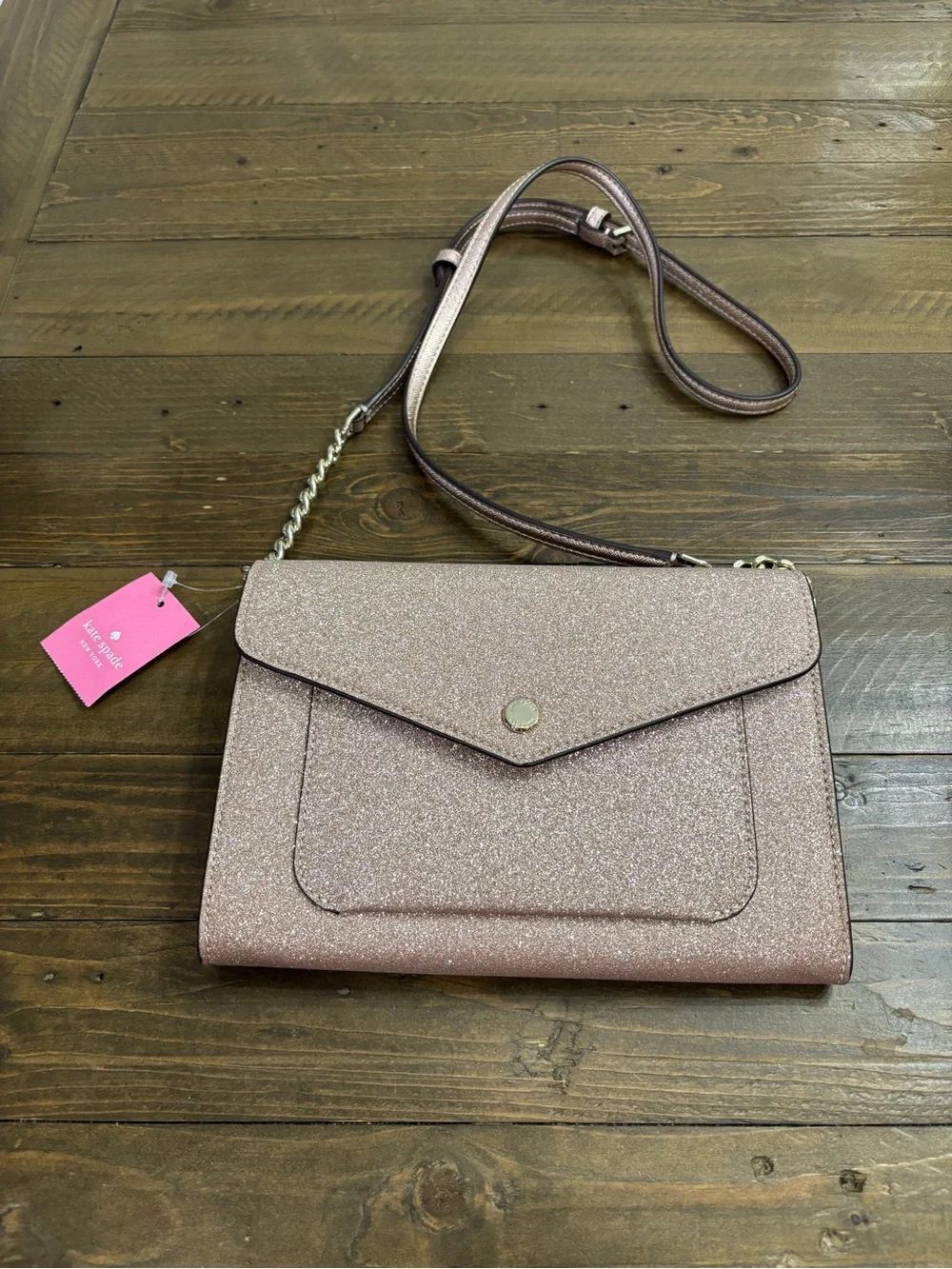 Kate Spade Glitter Flap Crossbody in Rose Gold